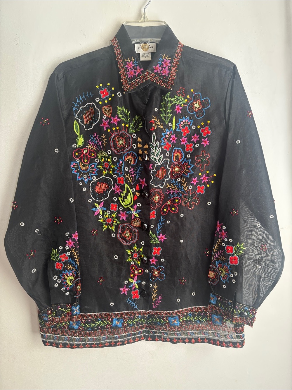 Sandy Starkman | Embroidered Black Silk Blouse w/Colorful Floral Motif